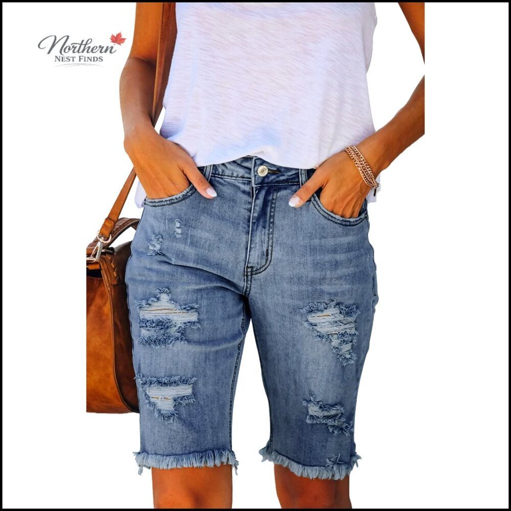 Mid-Rise Ripped Denim Bermuda Shorts with Stretch and Raw Hem